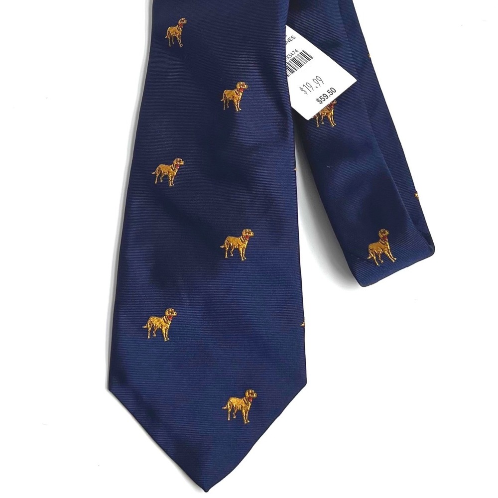 J.Crew Necktie Mens Navy Blue Gold Dog Golden Retriever English Silk USA Tie